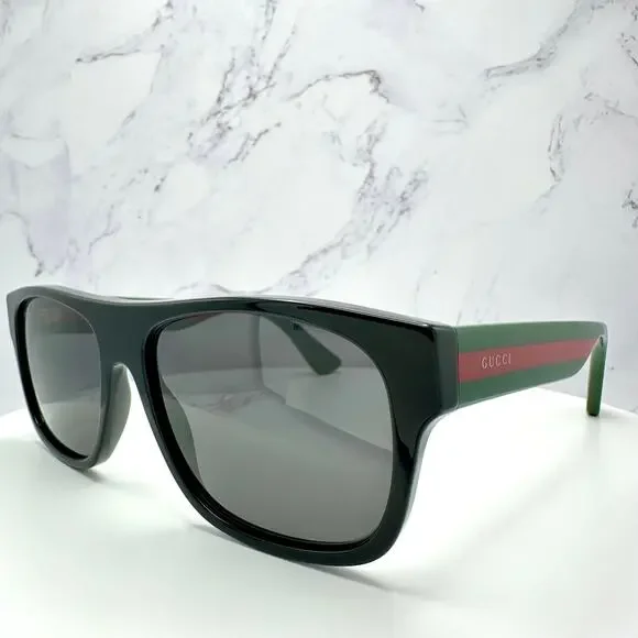 New Gucci Sunglasses Polarized Black Square Red Green Web Arms 56mm Gray Lens - Picture 6 of 15
